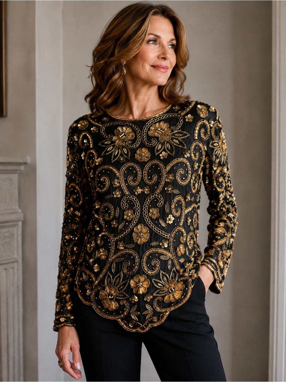 Vintage Laurence Kazar XL Black Silk Beaded Sequin Top Gold Floral 80s 90s